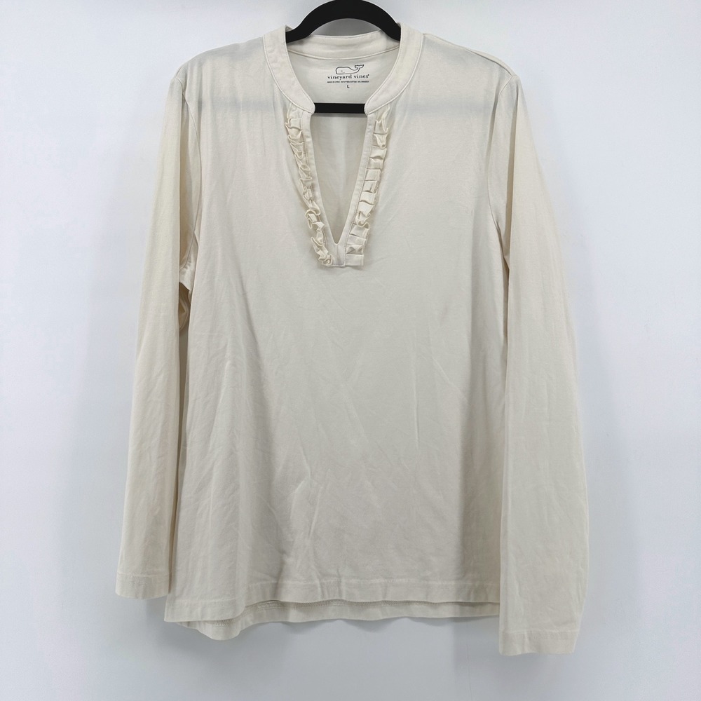 Vineyard Vines Womens Cream Ruffle Split Neck Pima Cotton Top Large